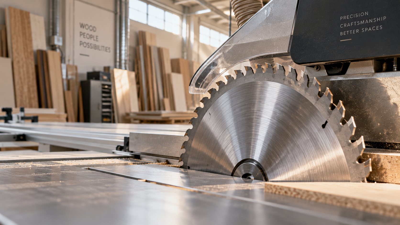 A cutting saw blade on a sliding table in a workshop, with boards stacked behind